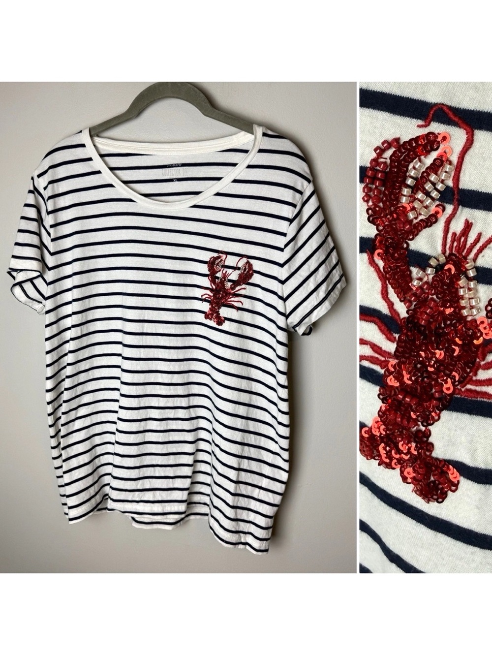 J. Crew Collector Tee Size Large Beaded Sequin Lobster Striped Nautical T Shirt